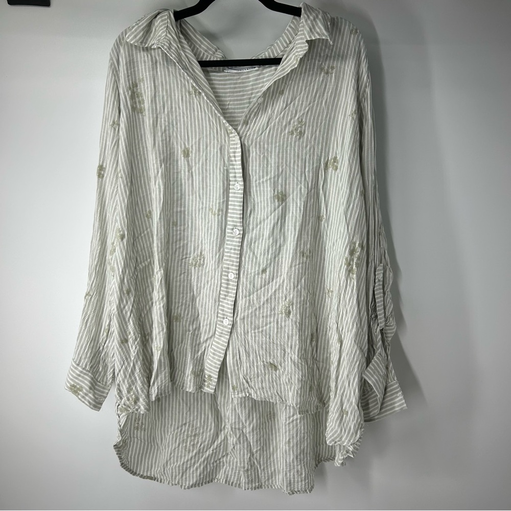 Jane and Delancey Striped Button-Down Shirt in white and green 3x